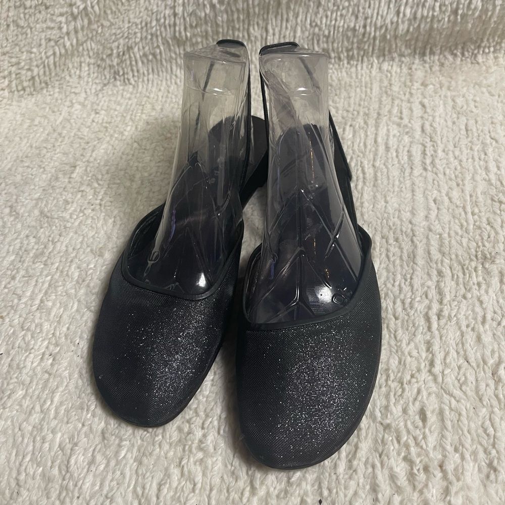 Hype satin Black Glitter sling back Flats black leather trims SZ10.